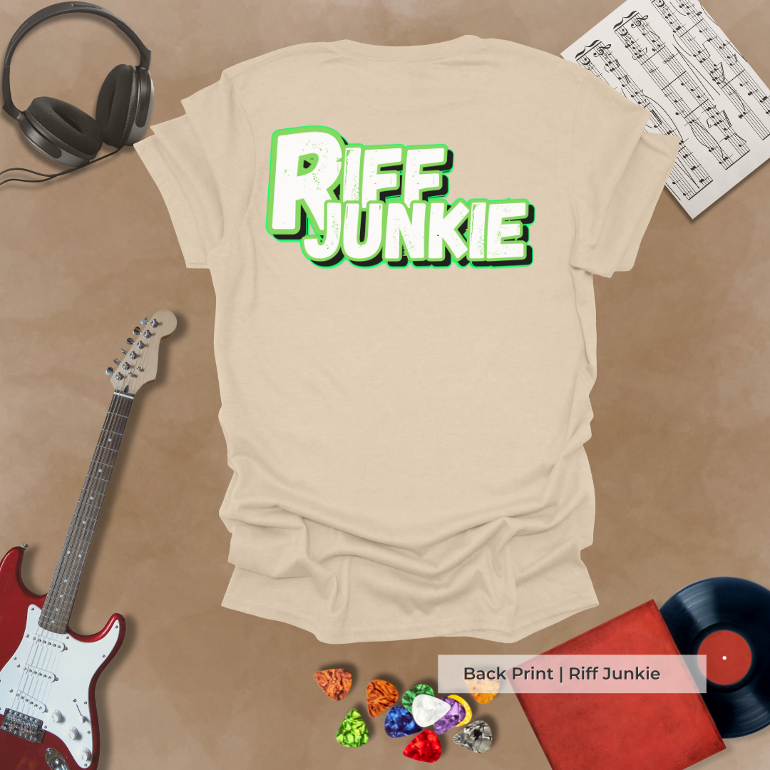 Shred Dept Light Edition t-shirt with metallic chrome design and light glow Riff Junkie back logo.