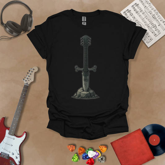 Black t-shirt with Illustration of a battle-worn guitar sword glowing with a smoky gray aura, titled Axecalibur: Forged in Shadow, printed on a dark tee by Riff Junkie.