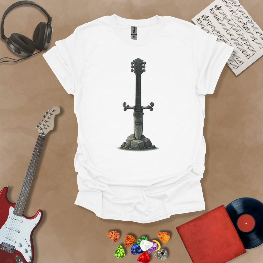 White T-shirt with detailed illustration of a stone-forged guitar sword glowing in silver tones, titled Axecalibur: Blade of Light, printed on a light tee by Riff Junkie.