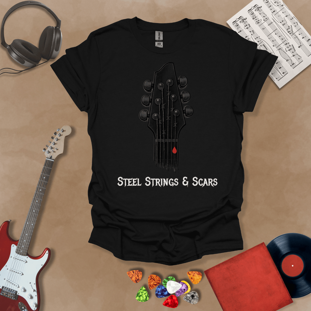 Black t-shirt Steel Strings & Scars guitar headstock graphic tee with blood drop – Riff Junkie original design