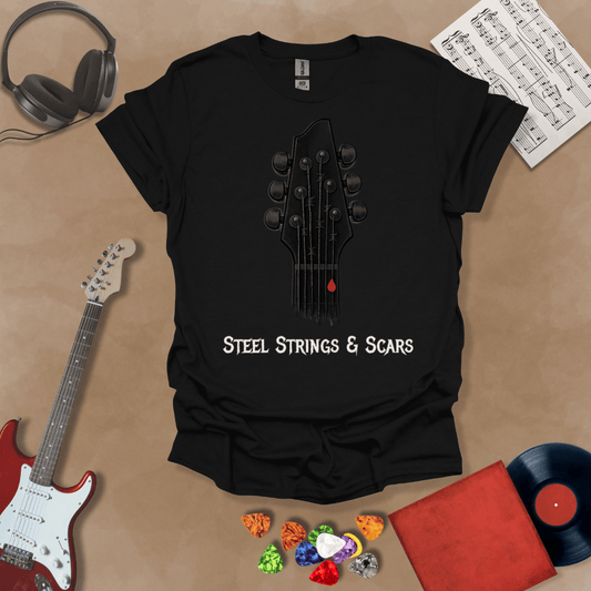 Black t-shirt Steel Strings & Scars guitar headstock graphic tee with blood drop – Riff Junkie original design
