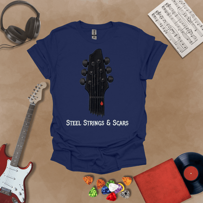 Navy t-shirt Steel Strings & Scars guitar headstock graphic tee with blood drop – Riff Junkie original design