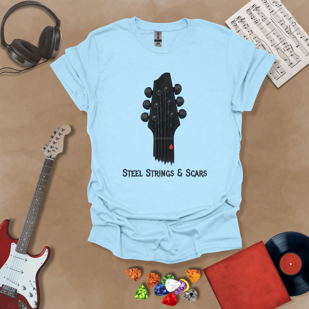Light Blue t-shirt Steel Strings & Scars guitar headstock graphic tee with blood drop – Riff Junkie original design