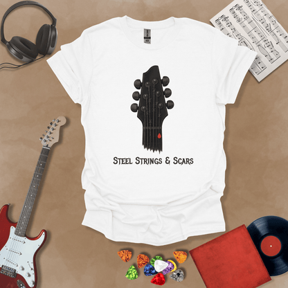 White t-shirt Steel Strings & Scars guitar headstock graphic tee with blood drop – Riff Junkie original design