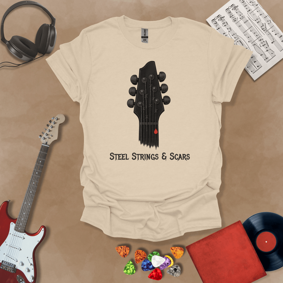 Beige t-shirt Steel Strings & Scars guitar headstock graphic tee with blood drop – Riff Junkie original design