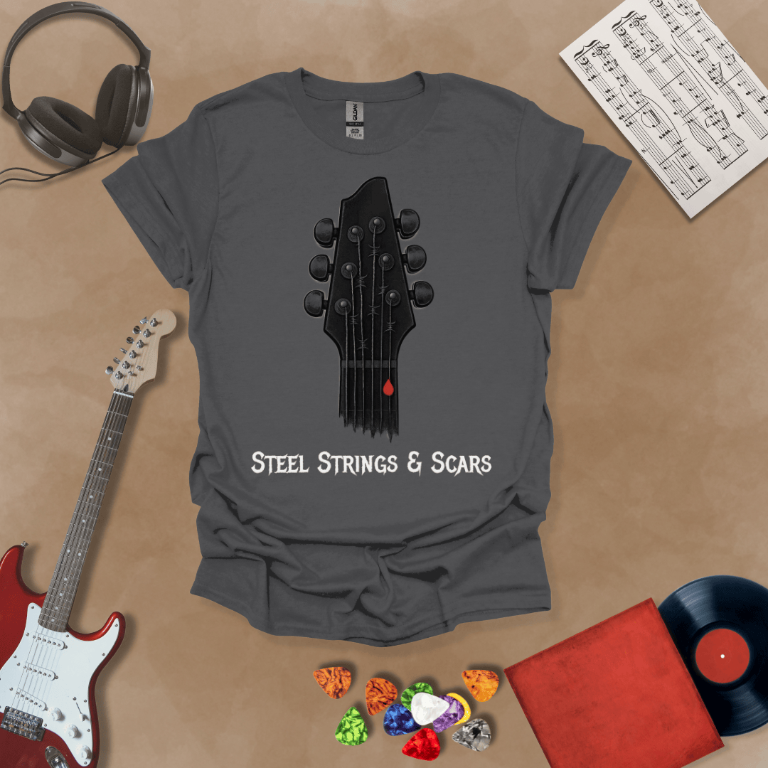 Gray t-shirt Steel Strings & Scars guitar headstock graphic tee with blood drop – Riff Junkie original design