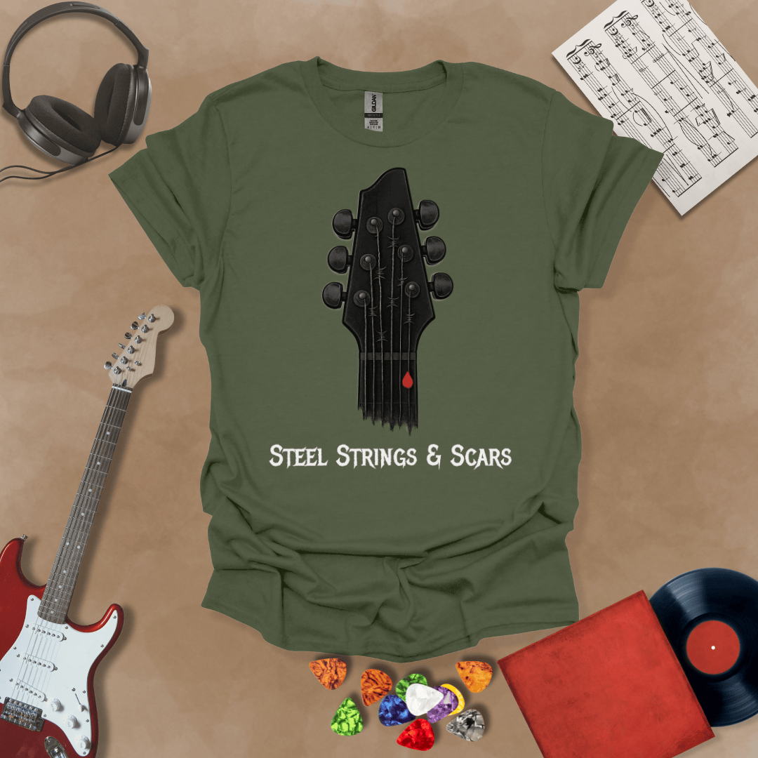 Green t-shirt Steel Strings & Scars guitar headstock graphic tee with blood drop – Riff Junkie original design