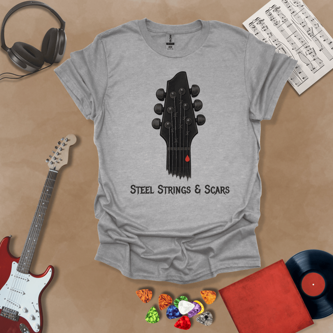 Grey t-shirt Steel Strings & Scars guitar headstock graphic tee with blood drop – Riff Junkie original design
