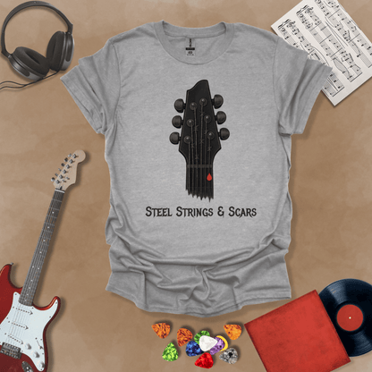 Grey t-shirt Steel Strings & Scars guitar headstock graphic tee with blood drop – Riff Junkie original design