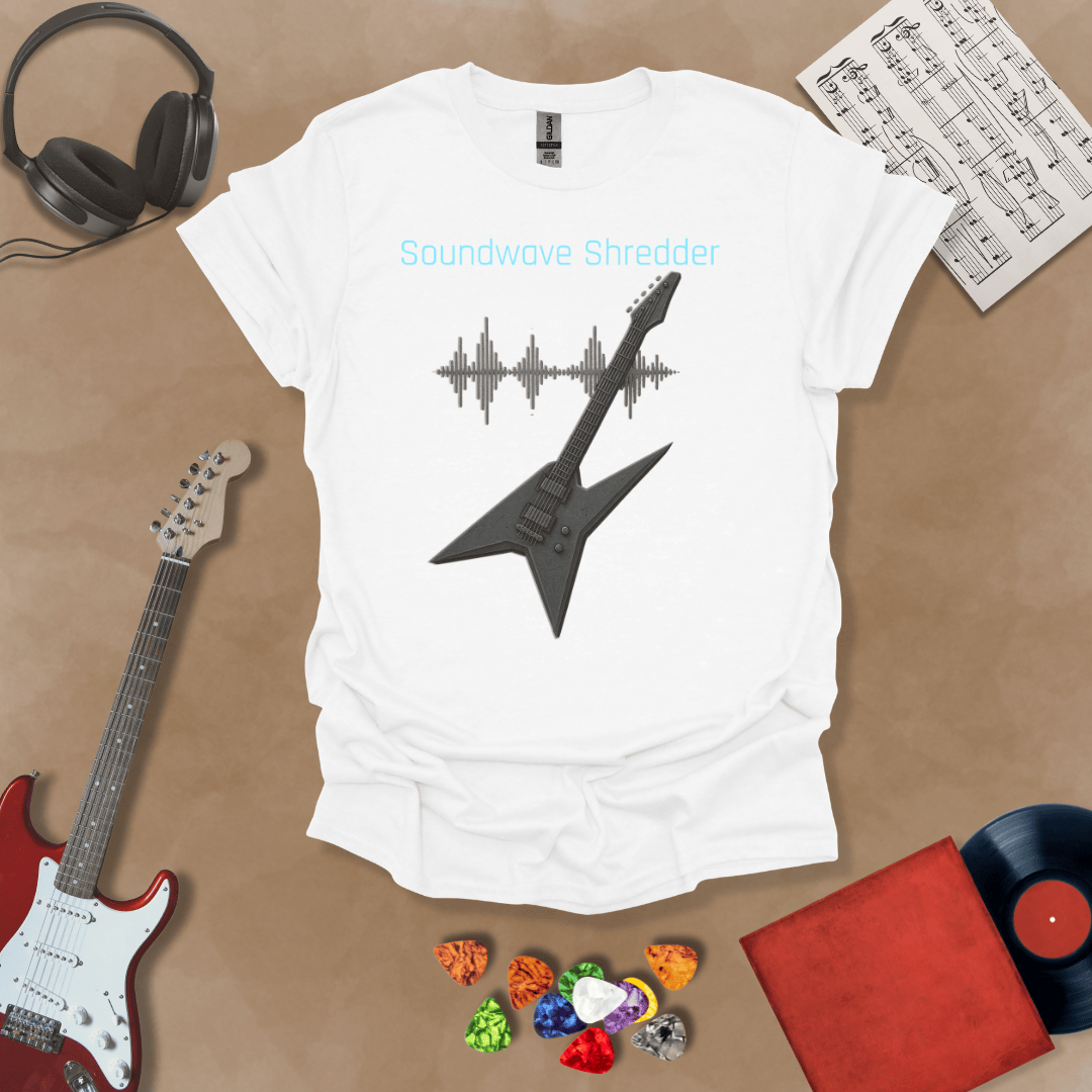 White Guitar t-shirt with distorted soundwave graphic and electric blue text reading “Soundwave Shredder.”