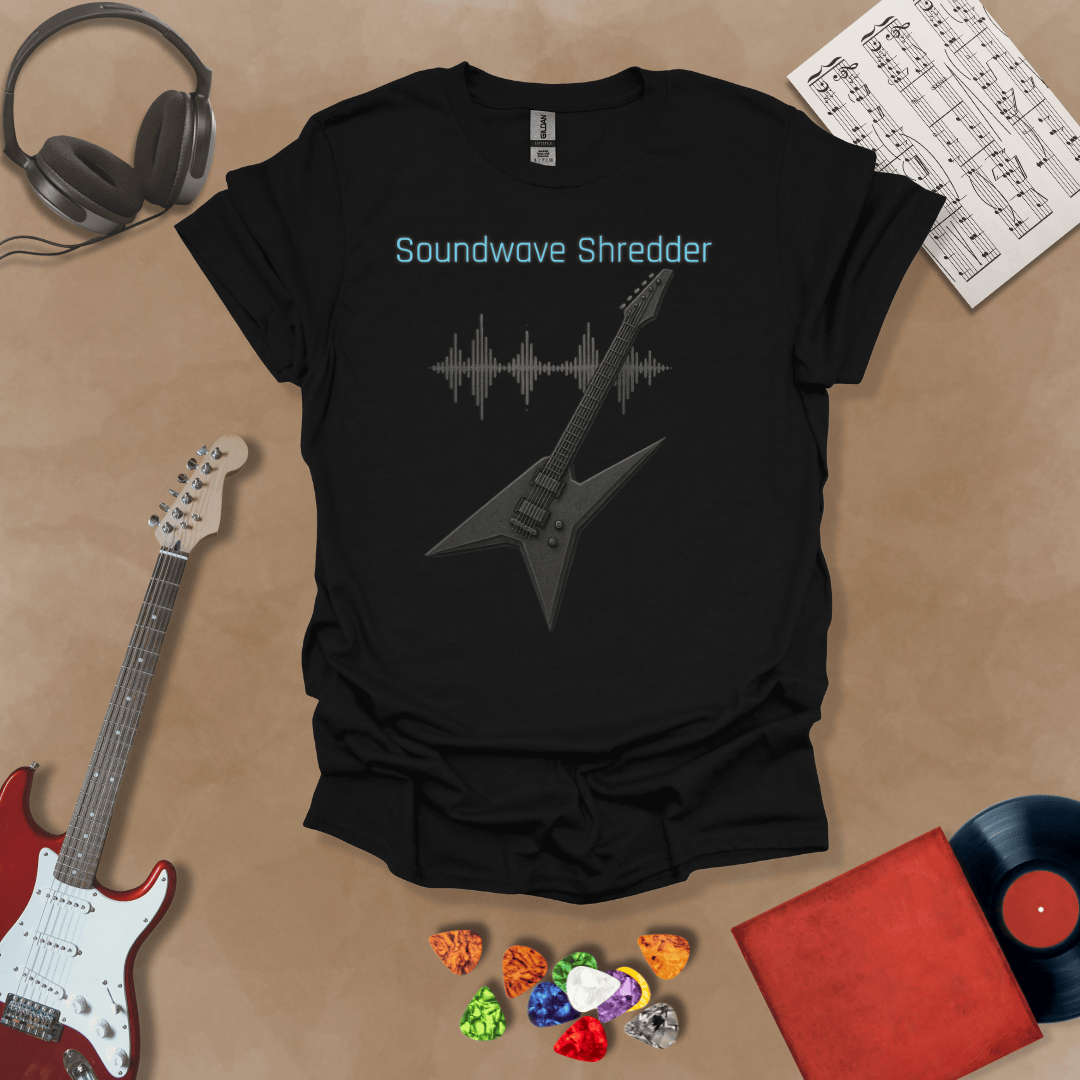 Black Guitar t-shirt with distorted soundwave graphic and electric blue text reading “Soundwave Shredder.”