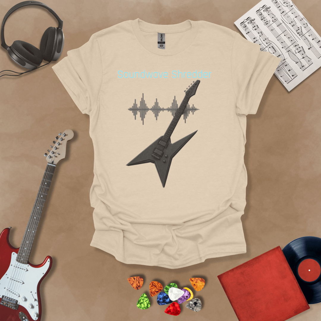 Beige Guitar t-shirt with distorted soundwave graphic and electric blue text reading “Soundwave Shredder.”