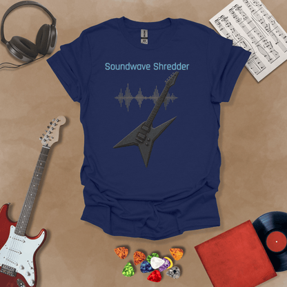 Navy Guitar t-shirt with distorted soundwave graphic and electric blue text reading “Soundwave Shredder.”