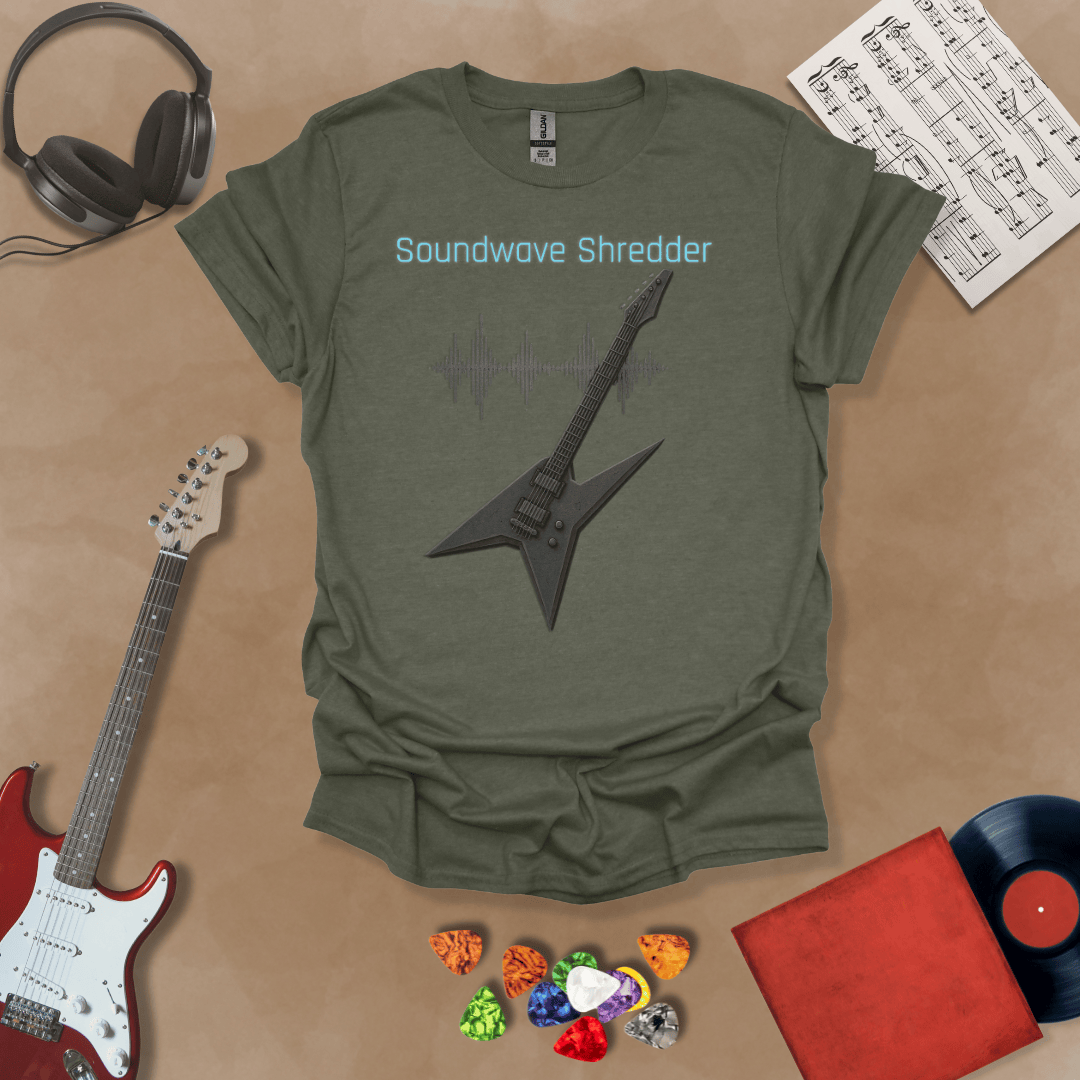 Green Guitar t-shirt with distorted soundwave graphic and electric blue text reading “Soundwave Shredder.”