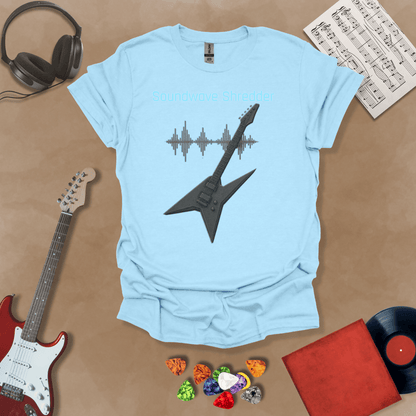 Light blue Guitar t-shirt with distorted soundwave graphic and electric blue text reading “Soundwave Shredder.”