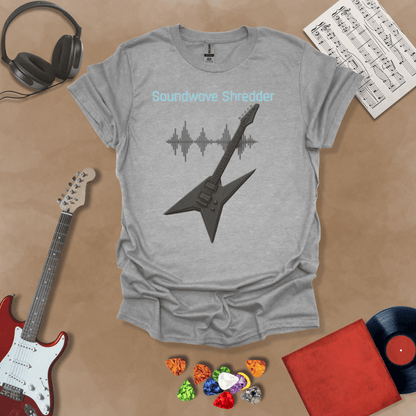 Grey Guitar t-shirt with distorted soundwave graphic and electric blue text reading “Soundwave Shredder.”