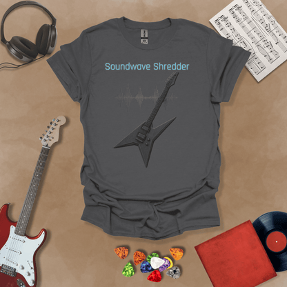 Gray Guitar t-shirt with distorted soundwave graphic and electric blue text reading “Soundwave Shredder.”