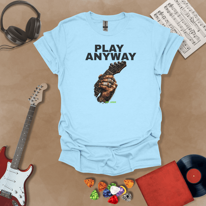 Play Anyway – Riff Edition graphic Blue t-shirt featuring bold stacked text above a weathered hand gripping a guitar fretboard with taped fingers and Riff Junkie branding.