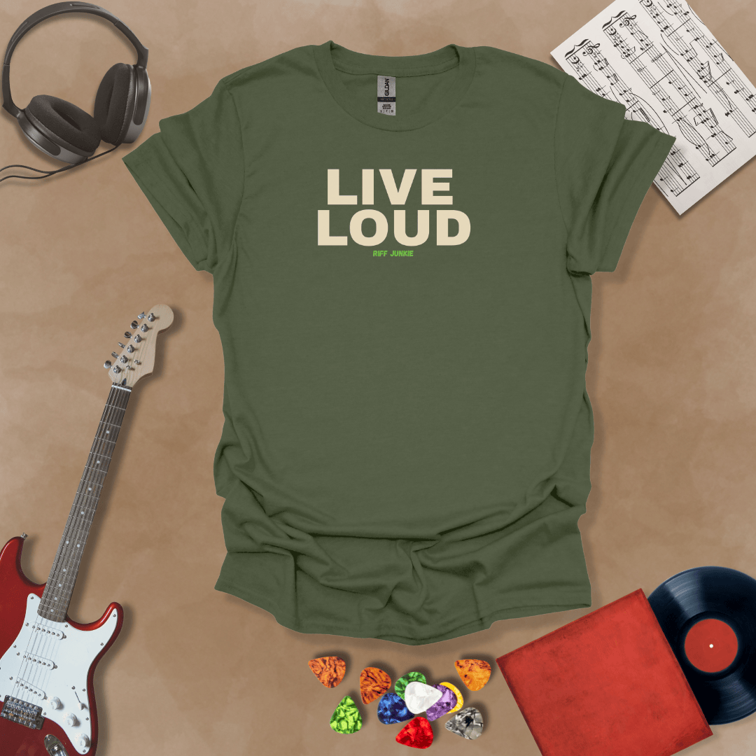 Live Loud – Jax Edition green graphic t-shirt featuring bold stacked text with minimalist guitar headstock accent and subtle Riff Junkie branding. Motivational guitar apparel design.