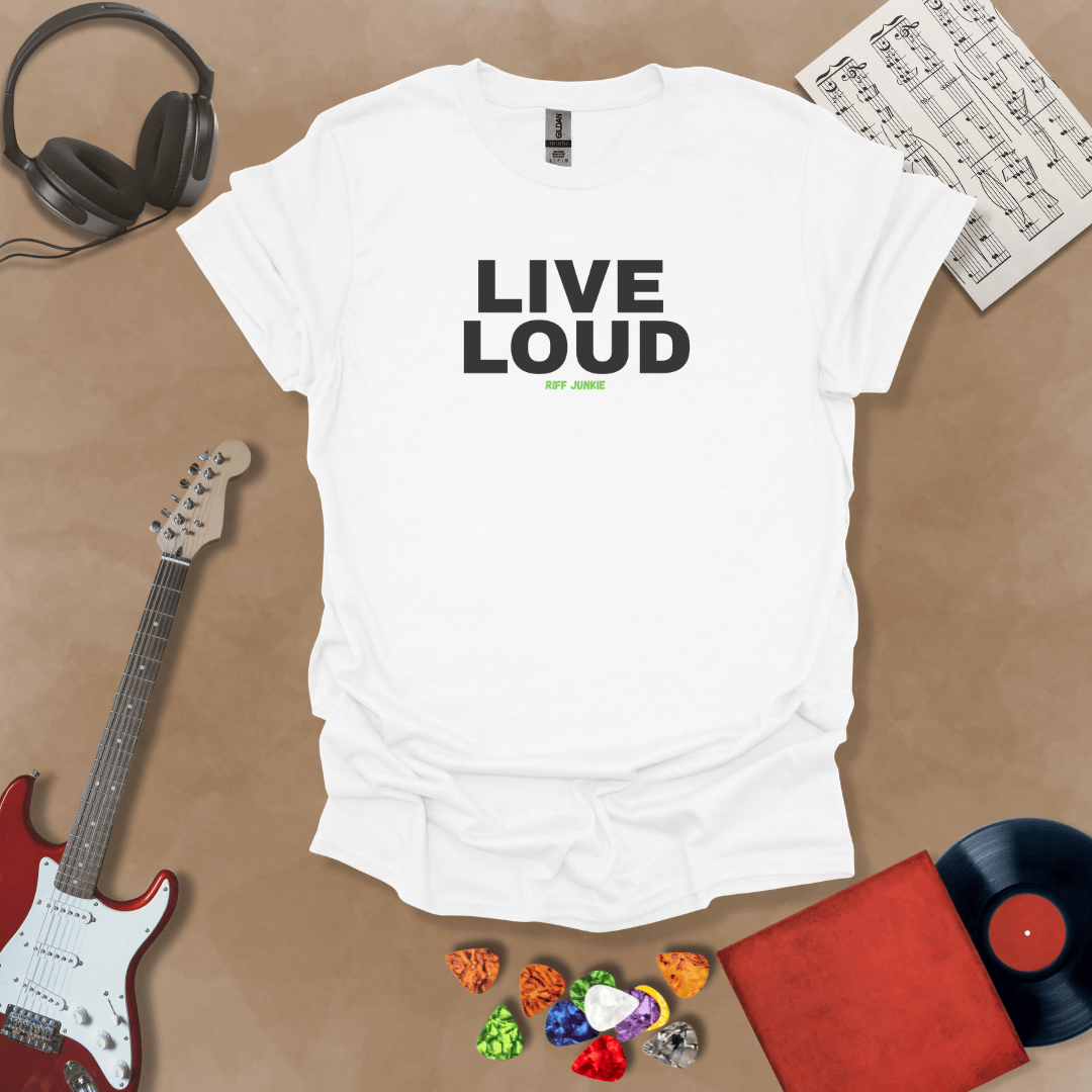 Live Loud – Jax Edition white graphic t-shirt featuring bold stacked text with minimalist guitar headstock accent and subtle Riff Junkie branding. Motivational guitar apparel design.