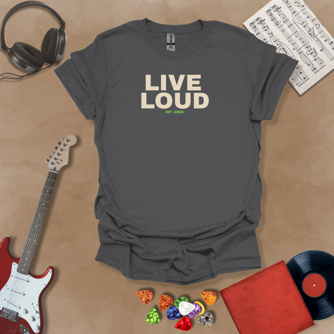 Live Loud – Jax Edition gray graphic t-shirt featuring bold stacked text with minimalist guitar headstock accent and subtle Riff Junkie branding. Motivational guitar apparel design.