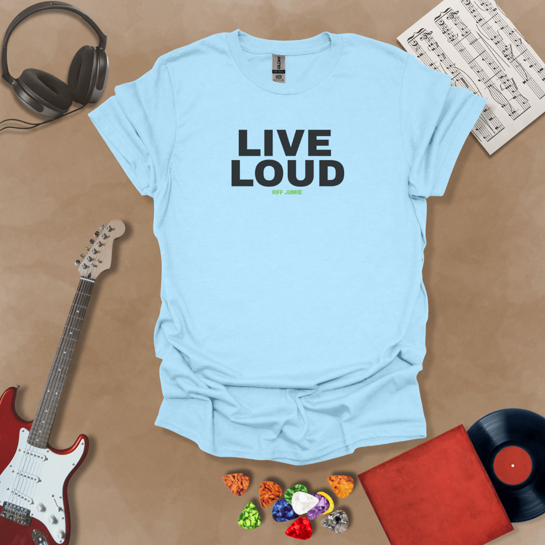 Live Loud – Jax Edition blue graphic t-shirt featuring bold stacked text with minimalist guitar headstock accent and subtle Riff Junkie branding. Motivational guitar apparel design.