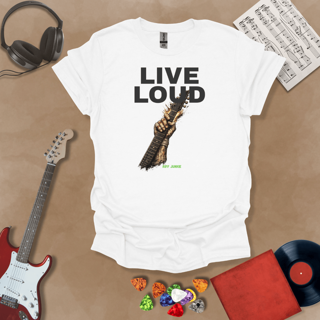 Live Loud – Riff Edition white graphic t-shirt featuring bold stacked text with a weathered hand raising a guitar neck upward through the design and subtle Riff Junkie branding.