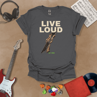 Live Loud – Riff Edition Gray graphic t-shirt featuring bold stacked text with a weathered hand raising a guitar neck upward through the design and subtle Riff Junkie branding.