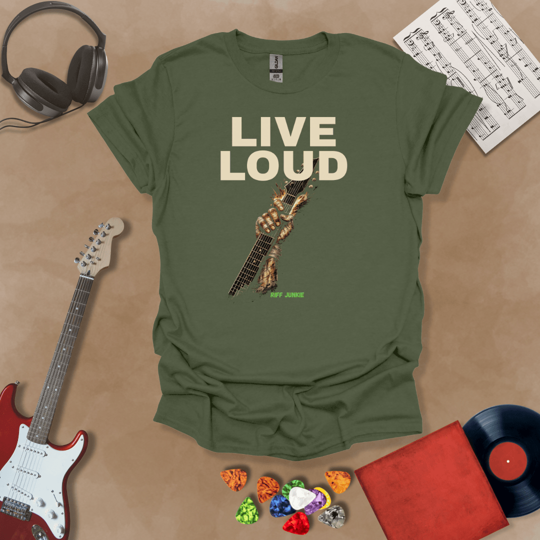 Live Loud – Riff Edition green graphic t-shirt featuring bold stacked text with a weathered hand raising a guitar neck upward through the design and subtle Riff Junkie branding.