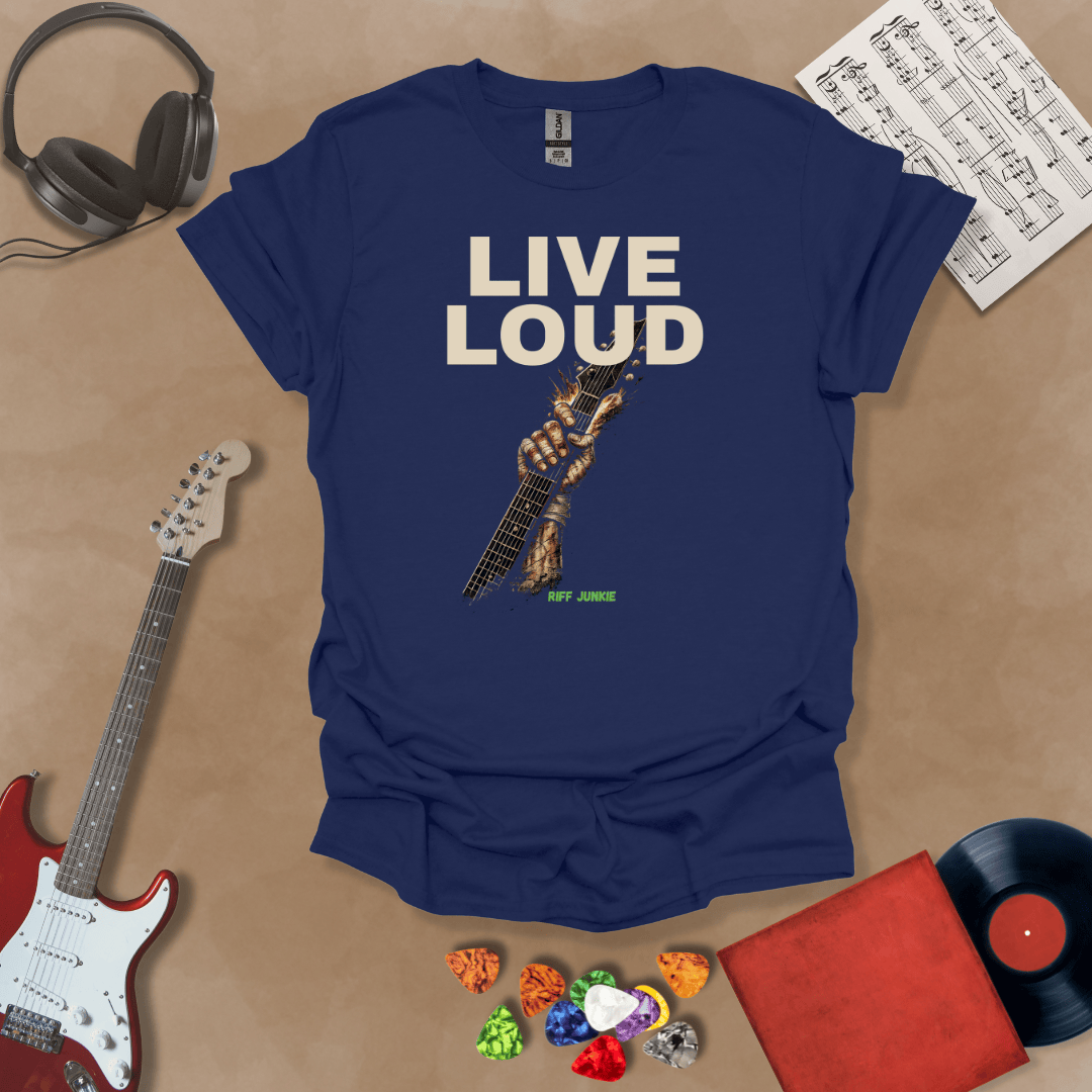 Live Loud – Riff Edition Navy graphic t-shirt featuring bold stacked text with a weathered hand raising a guitar neck upward through the design and subtle Riff Junkie branding.