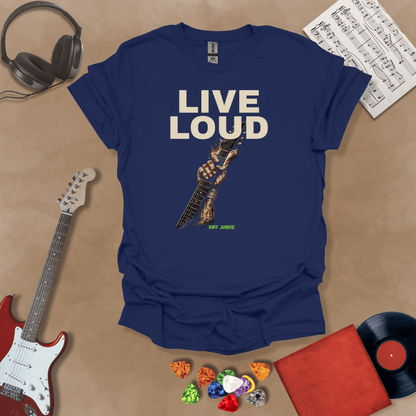 Live Loud – Riff Edition Navy graphic t-shirt featuring bold stacked text with a weathered hand raising a guitar neck upward through the design and subtle Riff Junkie branding.