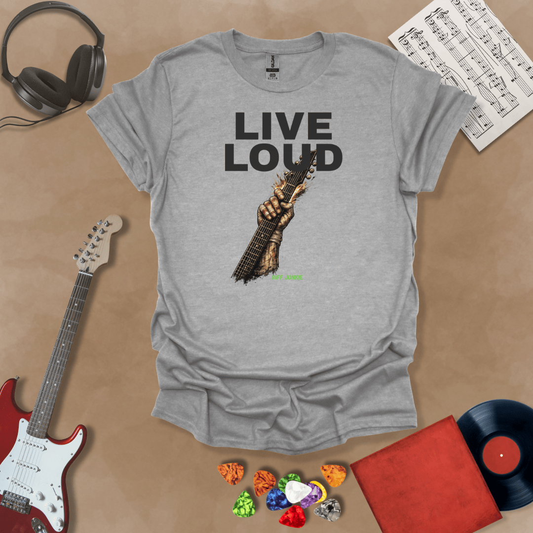 Live Loud – Riff Edition gray graphic t-shirt featuring bold stacked text with a weathered hand raising a guitar neck upward through the design and subtle Riff Junkie branding.