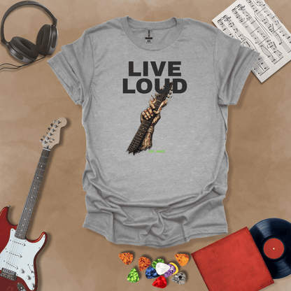 Live Loud – Riff Edition gray graphic t-shirt featuring bold stacked text with a weathered hand raising a guitar neck upward through the design and subtle Riff Junkie branding.