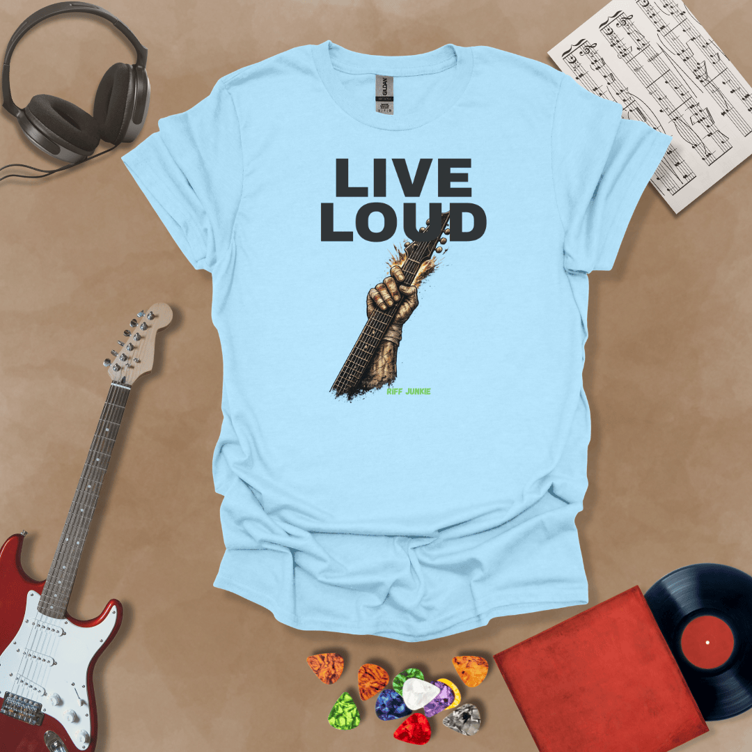 Live Loud – Riff Edition blue graphic t-shirt featuring bold stacked text with a weathered hand raising a guitar neck upward through the design and subtle Riff Junkie branding.