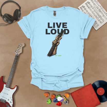 Live Loud – Riff Edition blue graphic t-shirt featuring bold stacked text with a weathered hand raising a guitar neck upward through the design and subtle Riff Junkie branding.