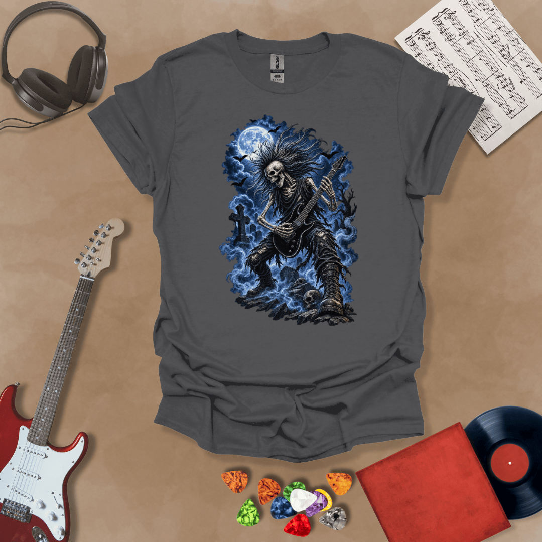 Gray Tshirt with Grave Shredder Halloween graphic featuring an undead skeleton guitarist rising from the grave while playing an electric guitar.