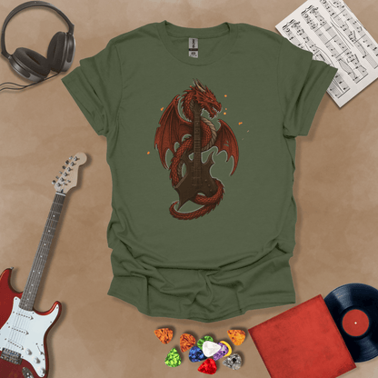 Military Green t-shirt featuring Warlock guitar graphic featuring a detailed red dragon wrapped around a dark electric guitar with glowing ember accents, optimized for light and dark shirt colors.