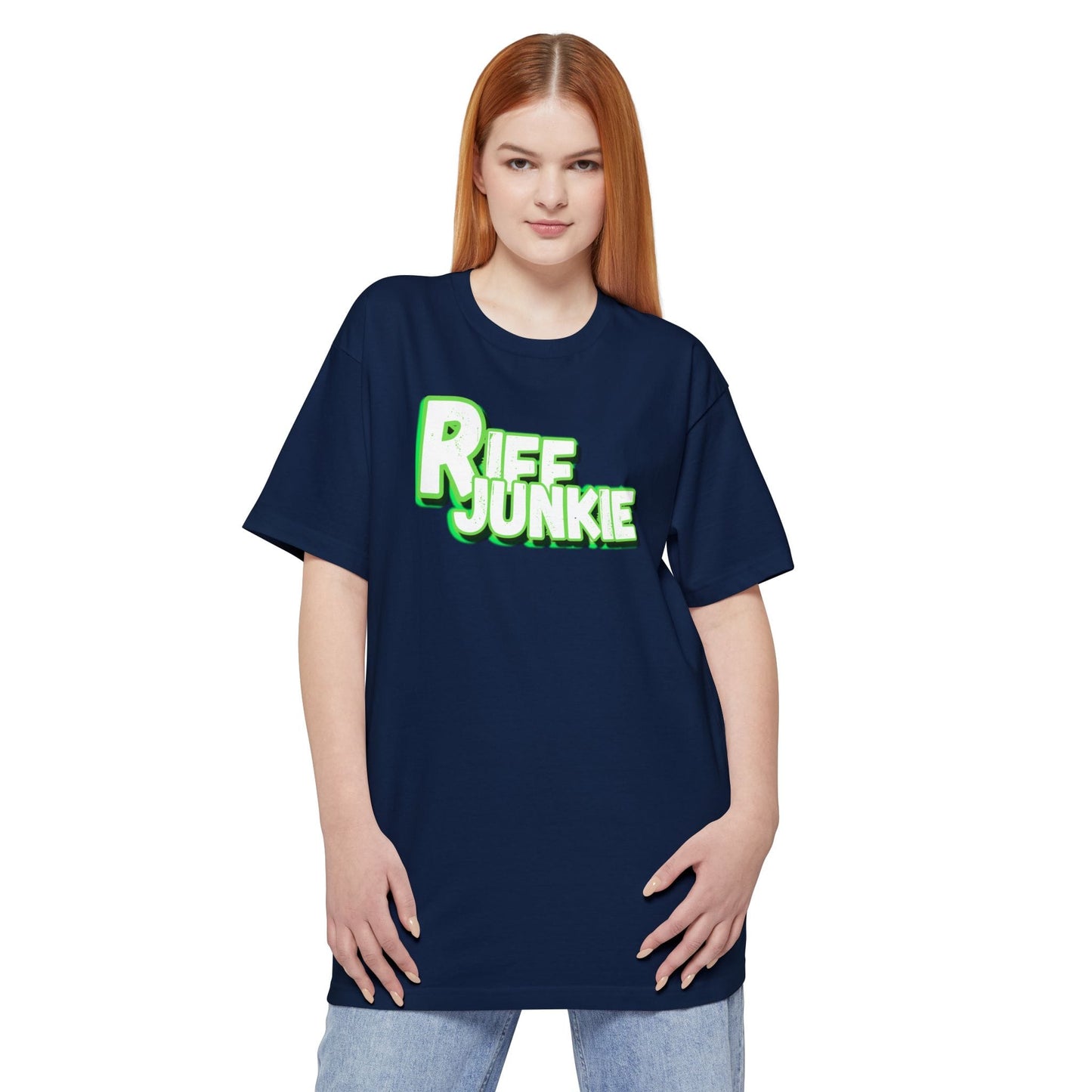 A female wearing a navy short-sleeve crewneck t-shirt featuring a bold graphic on the chest that reads 'Riff Junkie' in a stylized green and white font, displayed against a solid white background.