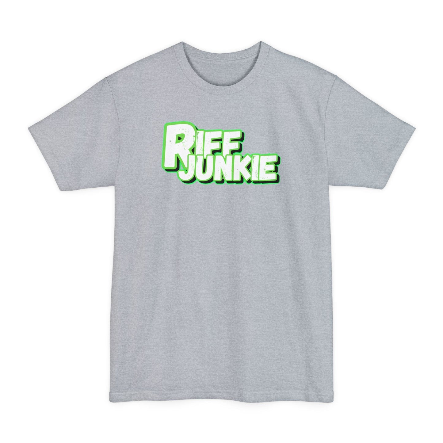 A light gray t-shirt featuring a bold graphic on the chest that reads 'RIFF JUNKIE' in a stylized green and white font, displayed against a solid white background.
