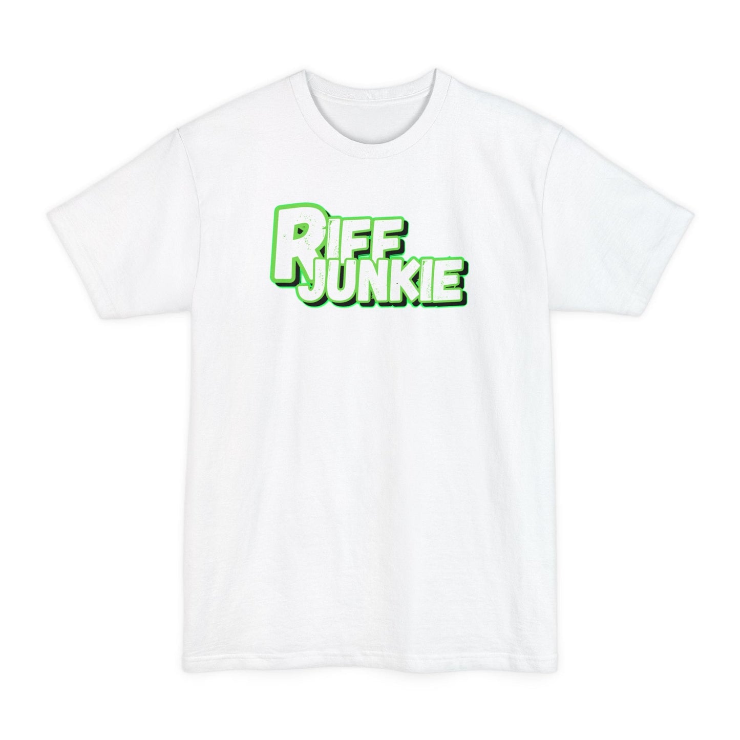 A white t-shirt featuring a bold graphic on the chest that reads 'RIFF JUNKIE' in a stylized green and white font, displayed against a solid white background.
