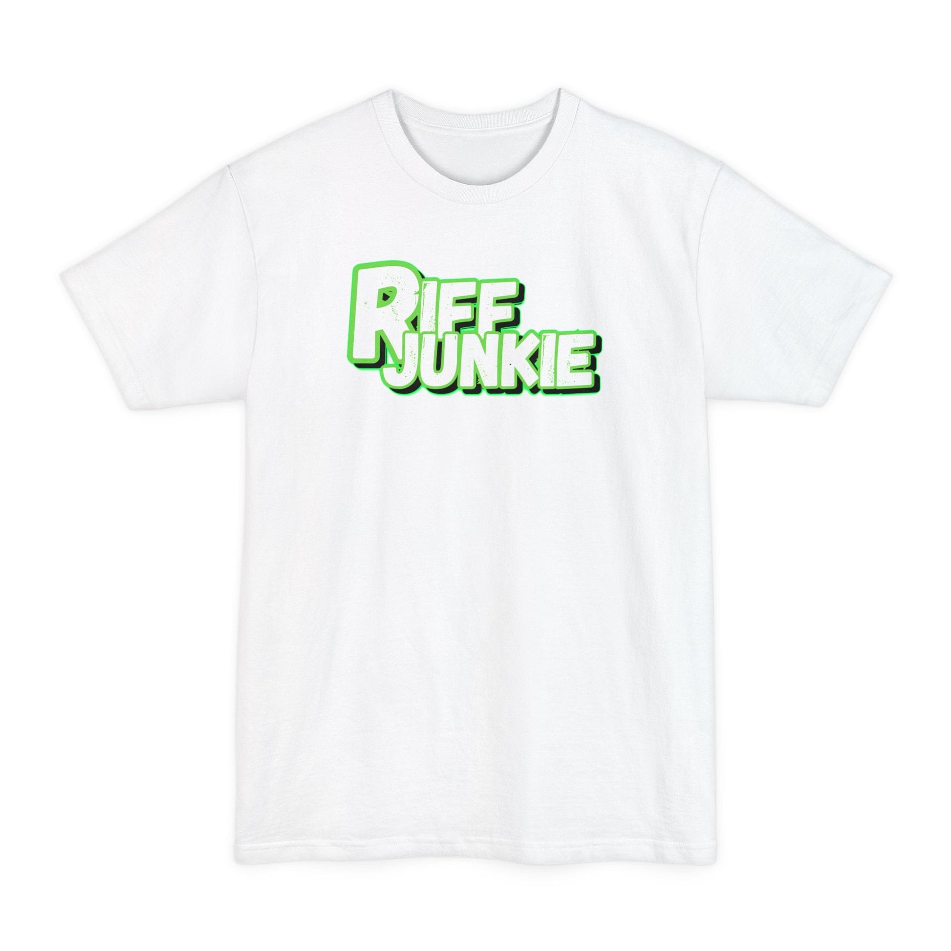 A white t-shirt featuring a bold graphic on the chest that reads 'RIFF JUNKIE' in a stylized green and white font, displayed against a solid white background.