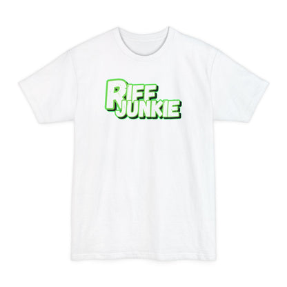 A white t-shirt featuring a bold graphic on the chest that reads 'RIFF JUNKIE' in a stylized green and white font, displayed against a solid white background.
