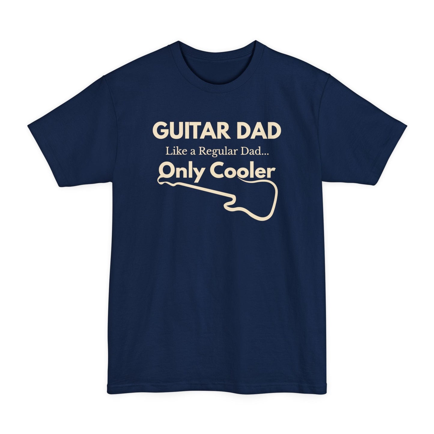 A Navy Guitar Dad Signature Edition Tall Fit t-shirt featuring a light beige guitar-inspired graphic on the front with integrated typography, designed with extra length for a comfortable fit.
