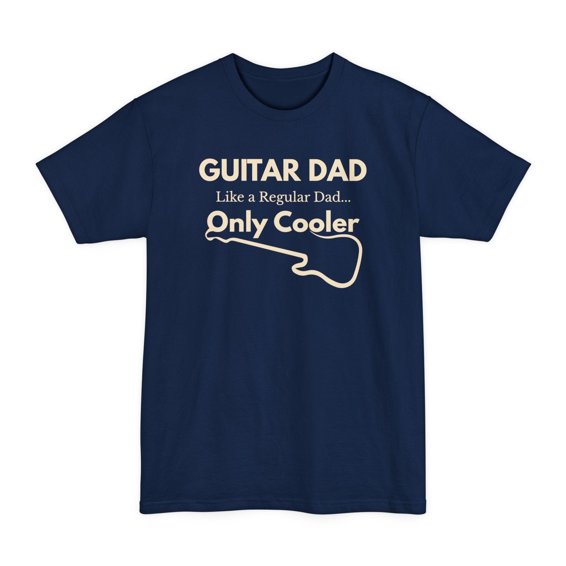 A Navy Guitar Dad Signature Edition Tall Fit t-shirt featuring a light beige guitar-inspired graphic on the front with integrated typography, designed with extra length for a comfortable fit.