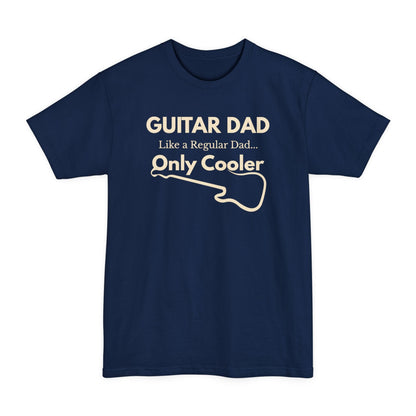 A Navy Guitar Dad Signature Edition Tall Fit t-shirt featuring a light beige guitar-inspired graphic on the front with integrated typography, designed with extra length for a comfortable fit.