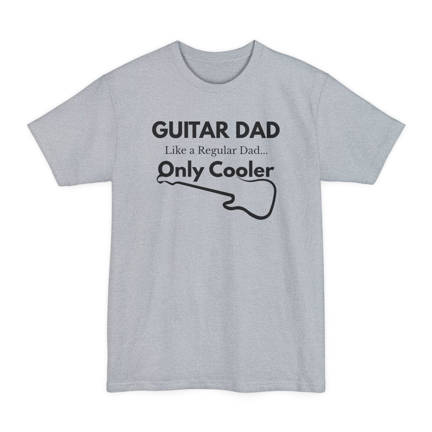 A light gray Guitar Dad Signature Edition Tall Fit t-shirt featuring a light beige guitar-inspired graphic on the front with integrated typography, designed with extra length for a comfortable fit.