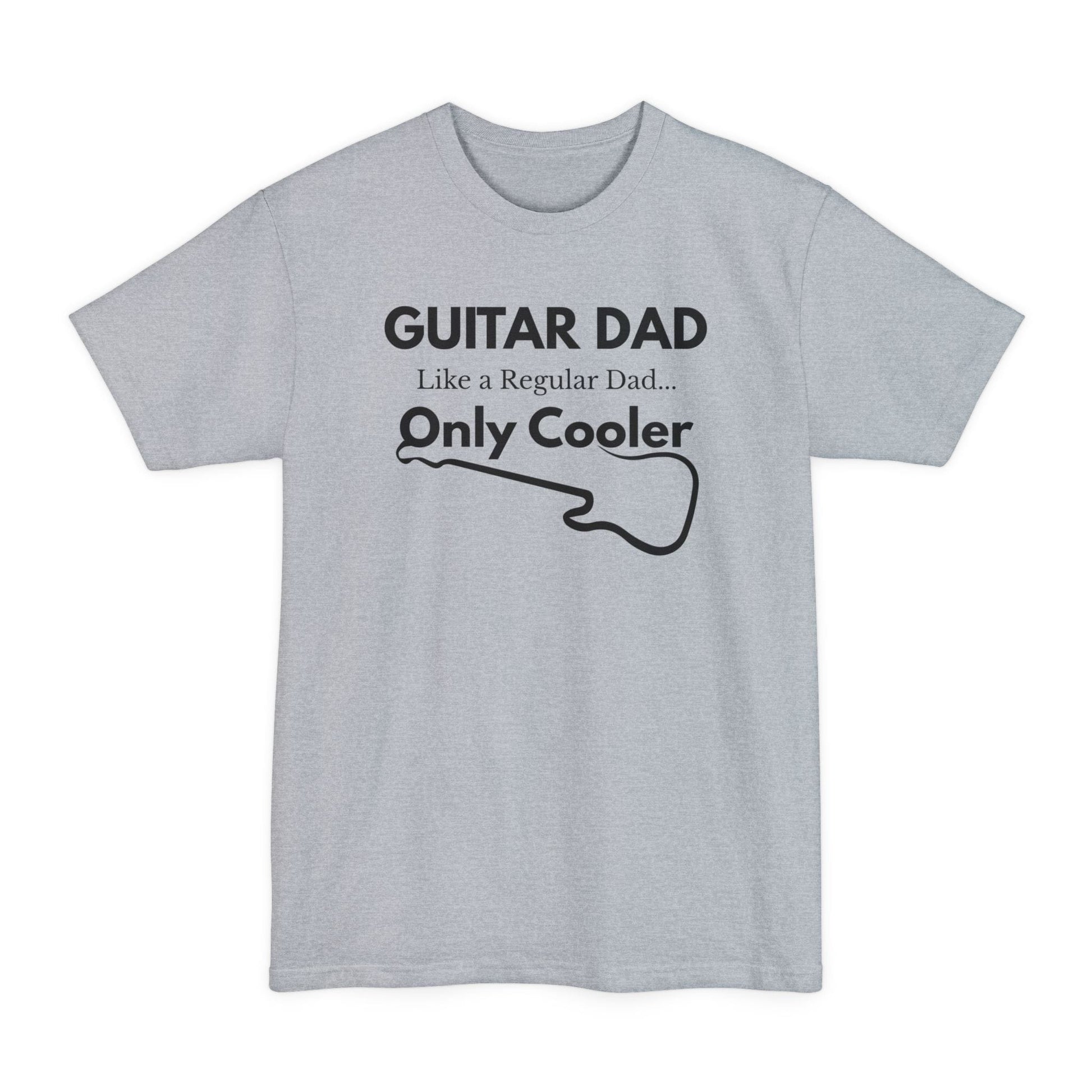 A light gray Guitar Dad Signature Edition Tall Fit t-shirt featuring a light beige guitar-inspired graphic on the front with integrated typography, designed with extra length for a comfortable fit.