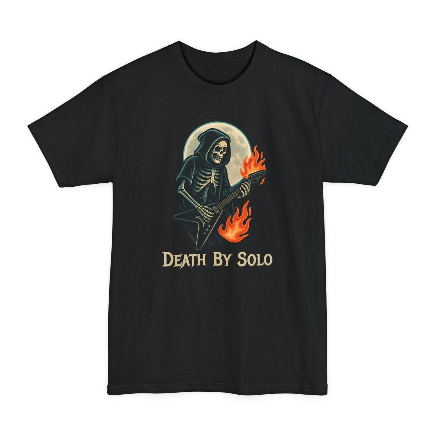 A black short-sleeve t-shirt featuring a graphic of a grim reaper playing a guitar with flames, set against a full moon, with the text 'DEATH BY SOLO' printed below.