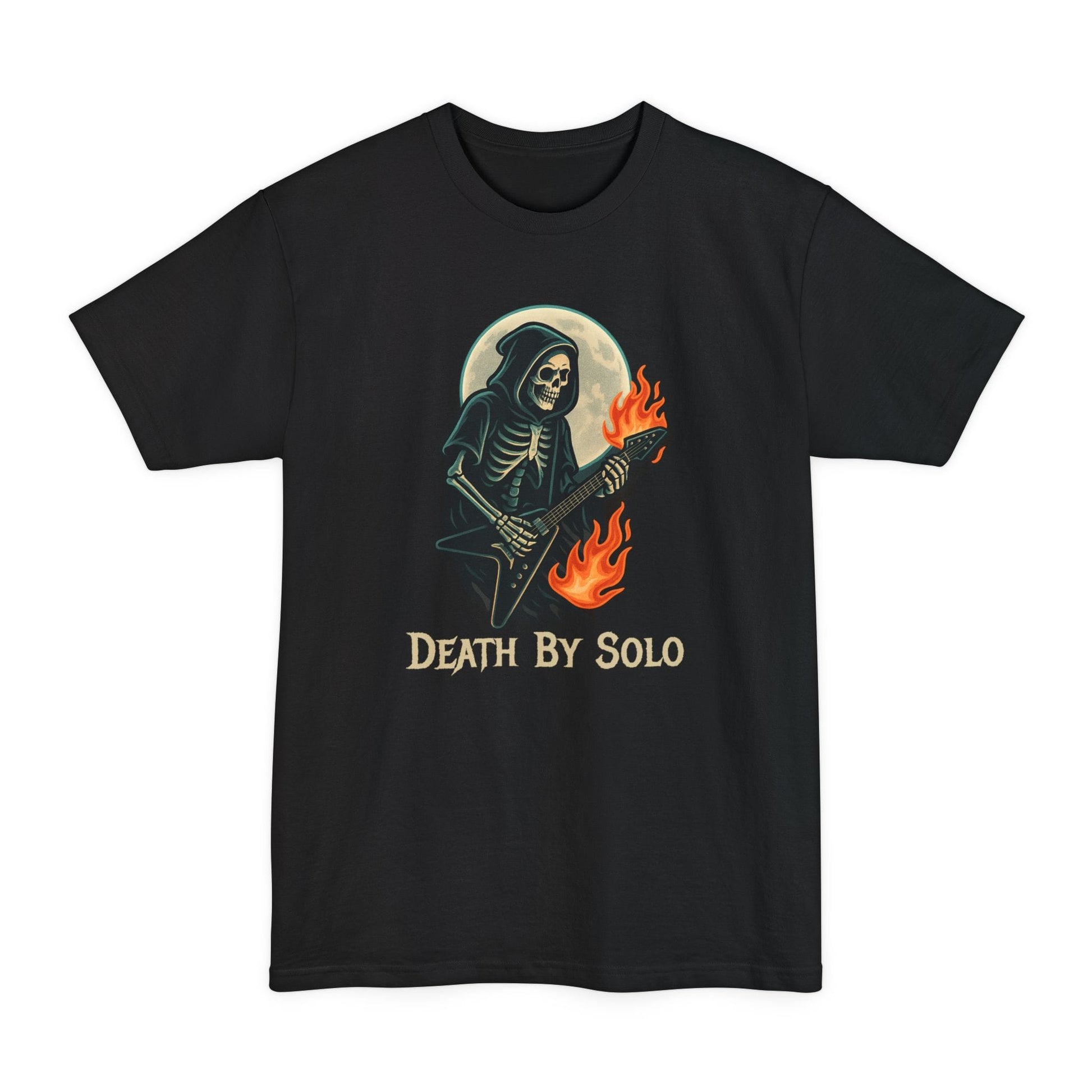 A black short-sleeve t-shirt featuring a graphic of a grim reaper playing a guitar with flames, set against a full moon, with the text 'DEATH BY SOLO' printed below.