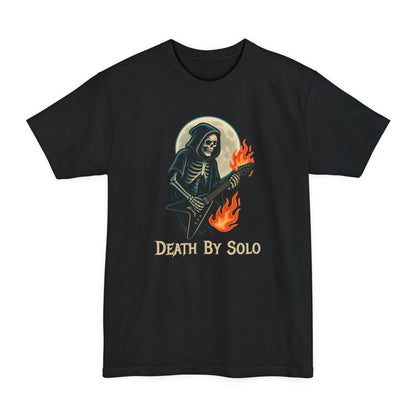 A black short-sleeve t-shirt featuring a graphic of a grim reaper playing a guitar with flames, set against a full moon, with the text 'DEATH BY SOLO' printed below.